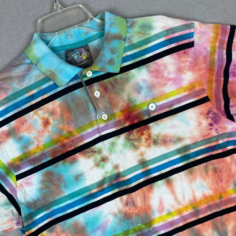 Southpole Mens XL Tie Dye Striped Polo Shirt Short Sleeve Cotton Multicolor Y2K